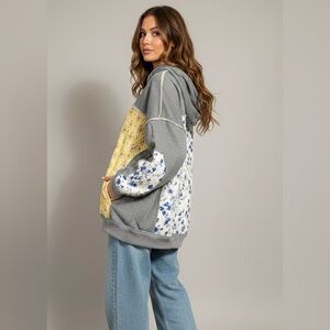 Gray and Floral Patchwork Hoodie